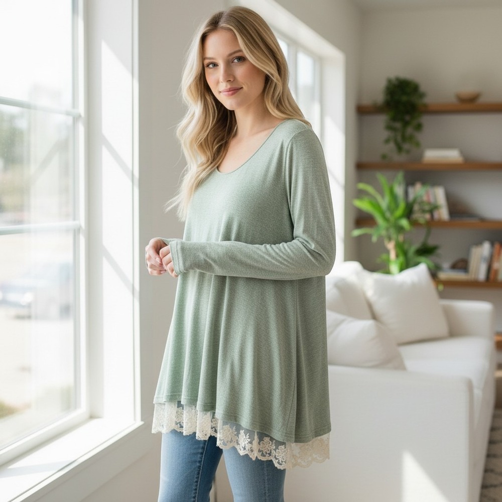 Umgee Tunic Top Womens Small Green Lace Trim Long Sleeve B5433 Boho